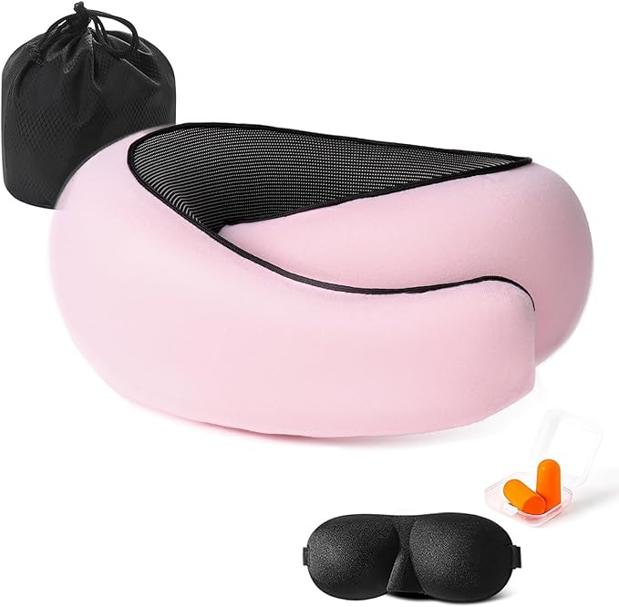 Travel Neck Pillows for Airplanes Or Trains, 360° Head Support Sleep for Long Flight, Skin-Friendly and Breathable, Kit with 3D Contoured Eye Mask, Earplugs and Storage Bag Gifts for Family