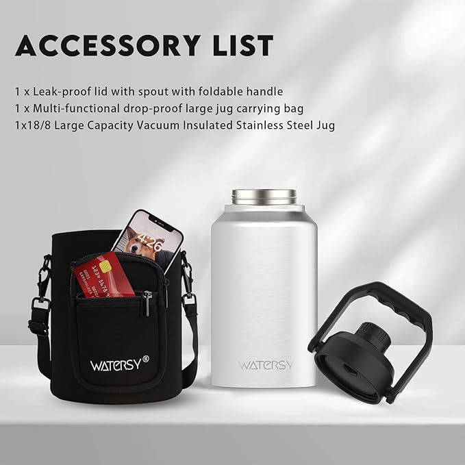 WATERSY 2/3 Gallon Water Bottle Insulated(Cold for 48 Hrs),BPA Free&Leak Proof,87oz Stainless Steel Water Jug/Flask,Big thermo,Large Water Bottle with Handle for Gym,Hiking,Camping,Stainless