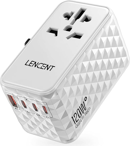 LENCENT 120W International Travel Adapter, Universal Travel Adapter with 1 QC USB-A & 3 PD3.0 Type C Power Adapter, Fast Charging for Phone,Laptops, All-in-One Outlet Adapter for USA/UK/EU/AUS, White