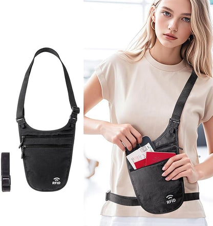 Crossbody Money Belt for Travel Women & Men Hidden, Travel Wallet Pouch - Slim Passport Holde, RFID Blocking Neck Wallet Under Clothes to Protect Cash, Credit Cards and Documents (BLACK)