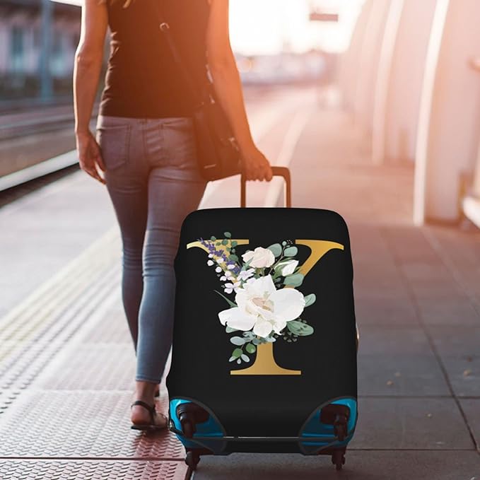 Flower Letter Y Black Luggage Cover Elastic Washable Stretch Suitcase Protector Anti-Scratch Travel Suitcase Cover for Kid and Adult XL (29-32 inch suitcase)