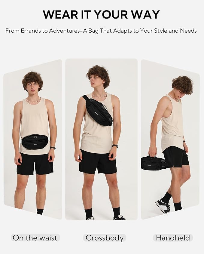 WATERFLY Fanny Pack Waist Bag: 2.3L Large RFID Blocking Crossbody Bags for Women Men, Breathable Casual Anti-Theft Hip Pouch for Traveling Walking Hiking-Black