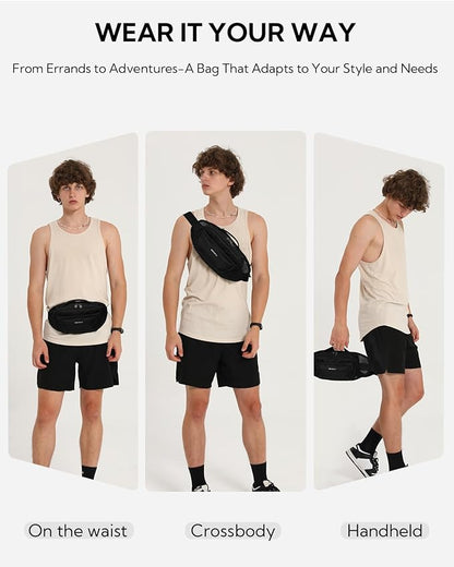 WATERFLY Fanny Pack Waist Bag: 2.3L Large RFID Blocking Crossbody Bags for Women Men, Breathable Casual Anti-Theft Hip Pouch for Traveling Walking Hiking-Black