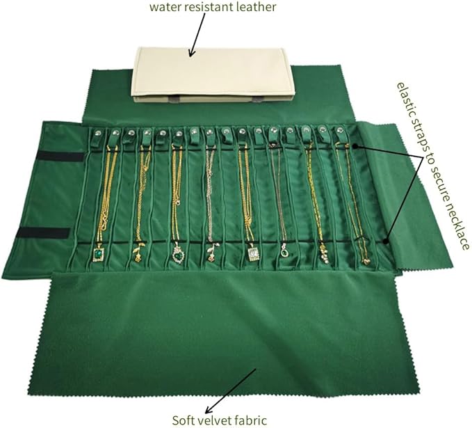 Portable Jewelry Roll Untangled Secure Necklace Travel Storage Bag Displays Holder 16 Chain (gray PU and green)