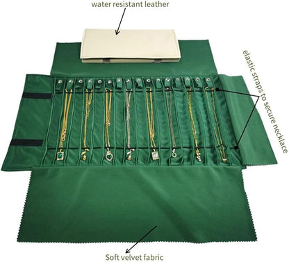 Portable Jewelry Roll Untangled Secure Necklace Travel Storage Bag Displays Holder 16 Chain (gray PU and green)