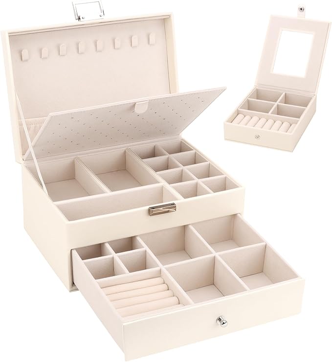 DesignSter Jewelry Organizer Box, 2 Layers Large Jewelry Box with Travel Jewelry Case, Leather Jewelry Storage Case for Rings Earrings Bracelets Necklaces (Beige)