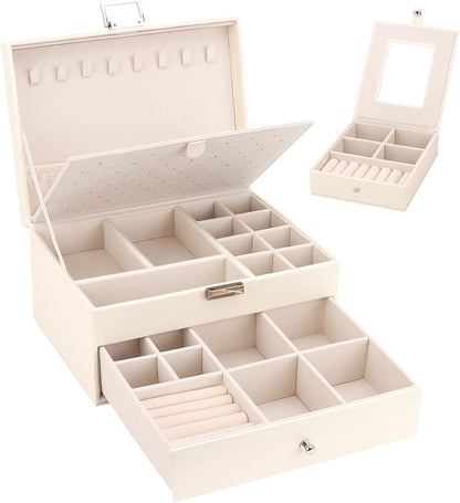 DesignSter Jewelry Organizer Box, 2 Layers Large Jewelry Box with Travel Jewelry Case, Leather Jewelry Storage Case for Rings Earrings Bracelets Necklaces (Beige)