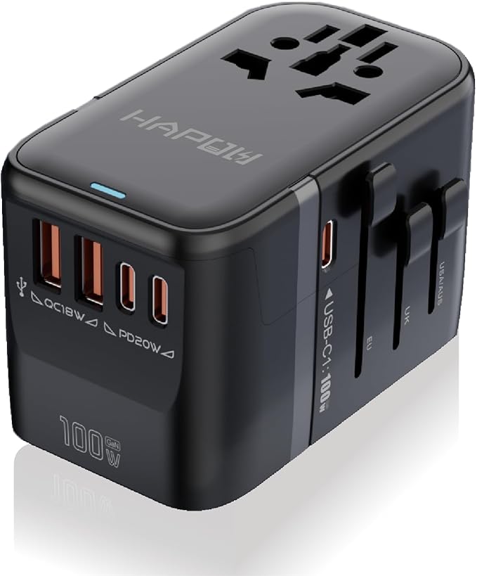 Universal Travel Adapter, PD100W International Power Adapter,3 USB-C & 2 USB-A Fast Charging Travel Charger, All in One Worldwide Travel Plug Adapter, Outlet Adapter for EU UK USA AU, Black