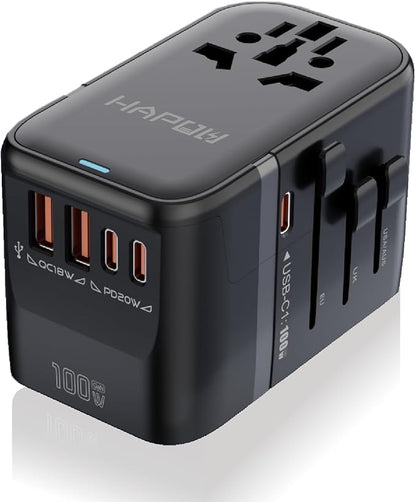 Universal Travel Adapter, PD100W International Power Adapter,3 USB-C & 2 USB-A Fast Charging Travel Charger, All in One Worldwide Travel Plug Adapter, Outlet Adapter for EU UK USA AU, Black