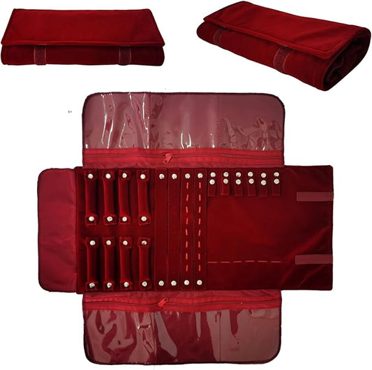 Velvet Travel Jewelry Case Roll Bag Organizer for Necklace Bracelet Earrings Ring (Black) (Burgundy)