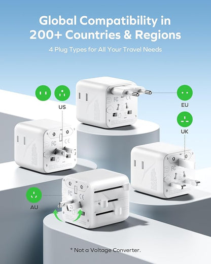 MOMAX Mini Universal Travel Adapter Worldwide, 2 AC, All European Travel Plug Adapter UK, Travel Essentials for US to Europe Adaptor, All-in-One Wall Charger for AUS JP (No USB Port)