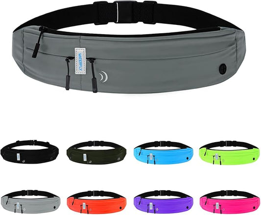 WATERFLY Running Belt Fanny Pack: Runner Marathon Jogging Waist Pack Sport Workout Exercise Fitness Phone Holder Belt for Men Women Jogger Slim Waistband Black