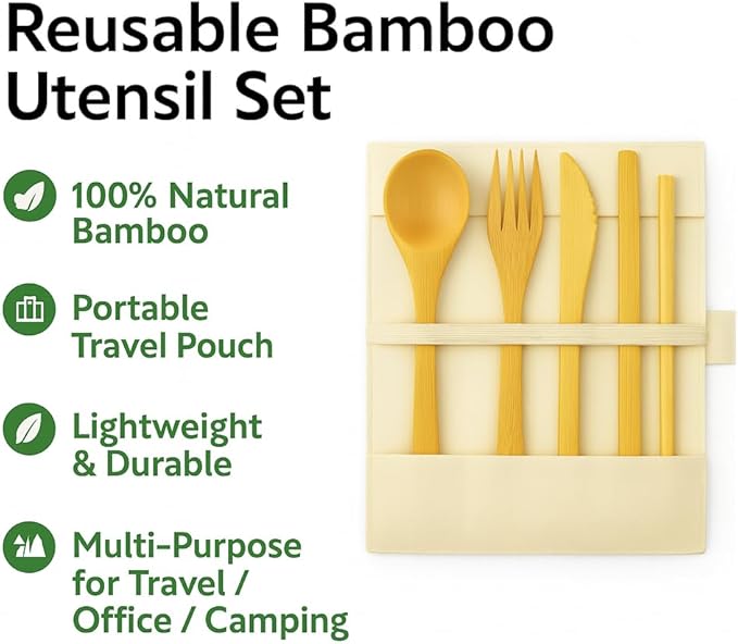 Bamboo Utensil Set Reusable Travel Cutlery – Eco Friendly Portable Flatware Kit with Wooden Fork, Spoon, Knife, Chopsticks & Straw – Zero Waste Lunch Box Accessories for Work, Camping, Picnic