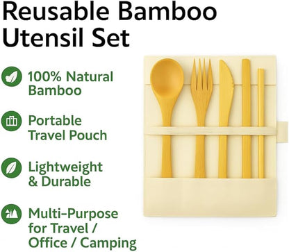 Bamboo Utensil Set Reusable Travel Cutlery – Eco Friendly Portable Flatware Kit with Wooden Fork, Spoon, Knife, Chopsticks & Straw – Zero Waste Lunch Box Accessories for Work, Camping, Picnic