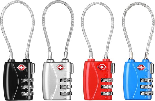 ZHEGE Luggage Locks TSA Approved 4 Pack Cable Padlocks for Suitcase, Baggage, Backpack, Pistol Case (Multiple Colors)