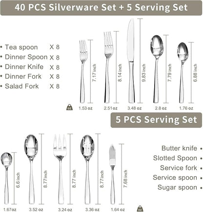 HIKAA 45-Piece Silverware Set with Organizer, Heavy Duty Stainless Steel Flatware for 8, Cutlery Utensil Sets with Serving Utensils, Mirror Polished, Dishwasher Safe