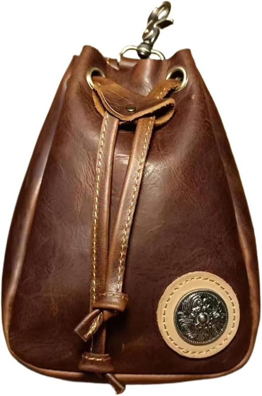 Retro Drawstring Genuine Leather Waist Bag for Men Motorcycle Sports Pack with Phone Pocket Adjustable Belt Gifts for Men (Oil Brown)