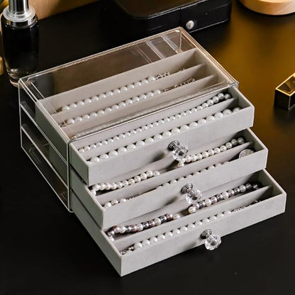 SPAKOWN Necklace Organizer Box, Velvet Necklace Box Holder Tray with Clear Lid Chains Showcase Stackable Necklace Storage for Pendant Bracelet (3 Drawers - Grey)