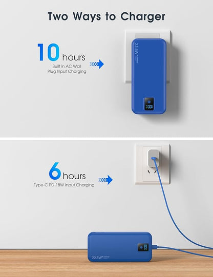 Portable Charger, 20000mAh 22.5W Fast Charging Power Bank with Built-in Cables & Wall Plug, Travel Essentials Battery Pack with LED Display, USB C External Battery Bank for iPhone iPad, Samsung Navy