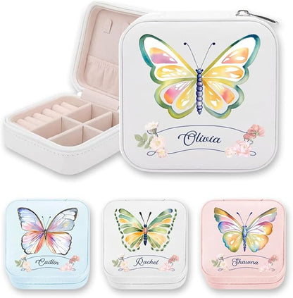 Getname Necklace Custom Name Butterfly Travel Jewelry Case Personalized Travel Jewelry Box with Name Watercolor Butterfly Small Jewelry Box Portable Jewelry Organizer