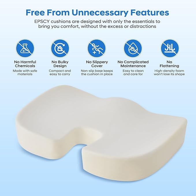 EPSCY Memory Foam Seat Cushion for Office Chair, Car, Airplane & Bleachers – Ergonomic Support for Sciatica, Hip & Tailbone Pain Relief – Comfort Pad for Long Sitting, Office Workers & Driver - Grey