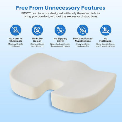EPSCY Memory Foam Seat Cushion for Office Chair, Car, Airplane & Bleachers – Ergonomic Support for Sciatica, Hip & Tailbone Pain Relief – Comfort Pad for Long Sitting, Office Workers & Driver - Grey