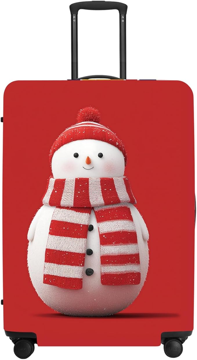 Snowman Christmas Luggage Cover - Red Background with Cute Snowman in Striped Scarf, Simple Stretchable Suitcase Cover 32 34 Inch