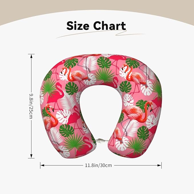 Neck Travel Pillow, Breathable Memory Foam Chin & Head Support Cushion Tropical Palm Leaf Pink Flamingos for Airplane Car Sleeping Rest