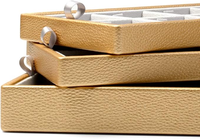 Oirlv Gold Leather Jewelry Box Handmade Travel Jewelry Organizer Storage Case Holder For Girl Lady Earring,Ring,Necklace,Pendant,Watch,Bracelet.(3 layers)