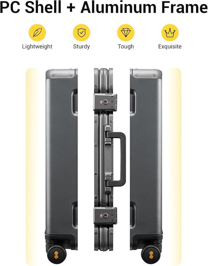 LEVEL8 Zipperless Checked Luggage with Aluminum Frame, Upgraded Medium Hardside Suitcase with Spinner Wheels, Metal Travel Luggage with Double Tsa Locks, 24 Inch, Grey