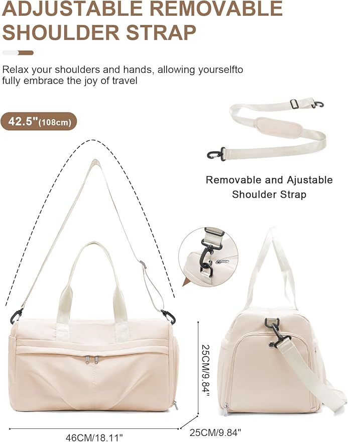 Gym Bag for Women Men, Sport Duffel Bag with Toiletry Bag & Shoe Compartment,Waterproof Travel Weekender Overnight Carry on Bag for Yoga with Trolley Sleeve, Beige Set