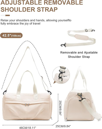 Gym Bag for Women Men, Sport Duffel Bag with Toiletry Bag & Shoe Compartment,Waterproof Travel Weekender Overnight Carry on Bag for Yoga with Trolley Sleeve, Beige Set