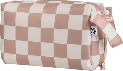 Tiny Twinkle Waterproof Travel Toiletry & Makeup Bag Organizer | Large Capacity Cosmetic Case with Compartments & Handle, A Thoughtful Travel Companion for Women（Beige Checkers