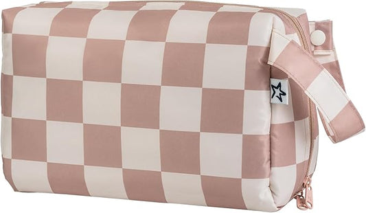Tiny Twinkle Waterproof Travel Toiletry & Makeup Bag Organizer | Large Capacity Cosmetic Case with Compartments & Handle, A Thoughtful Travel Companion for Women（Beige Checkers