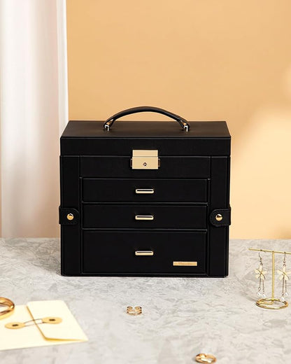 Homde 2 IN 1 Jewelry Box for Women Girls with Small Travel Case Mirror Necklace Ring Earrings Organizer - Christmas Gifts (Black + Gold)