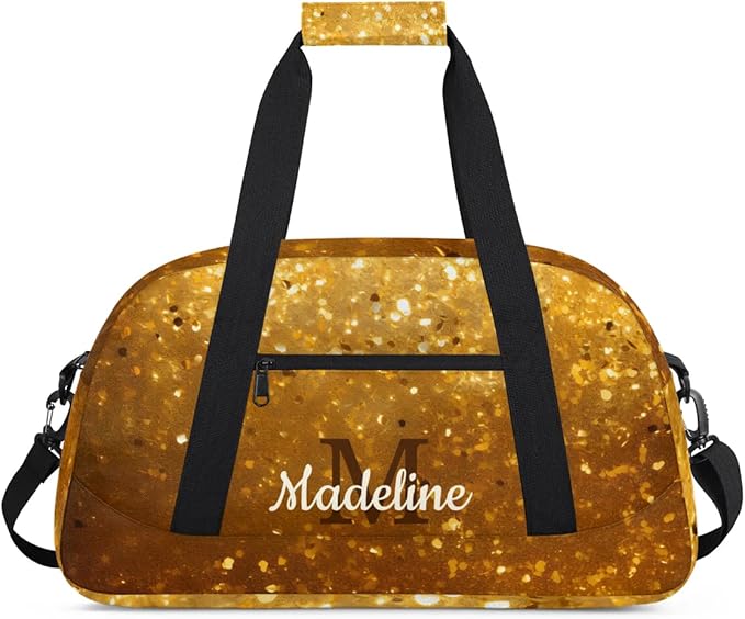 Personalized Kids Sports Duffel Bag with Name Custom Weekender Overnight Bag for Boys Girls Gym Bag Travel Dance Gymnastics Duffel Bag, Golden Glitter Gold Shiny
