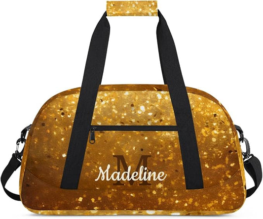 Personalized Kids Sports Duffel Bag with Name Custom Weekender Overnight Bag for Boys Girls Gym Bag Travel Dance Gymnastics Duffel Bag, Golden Glitter Gold Shiny