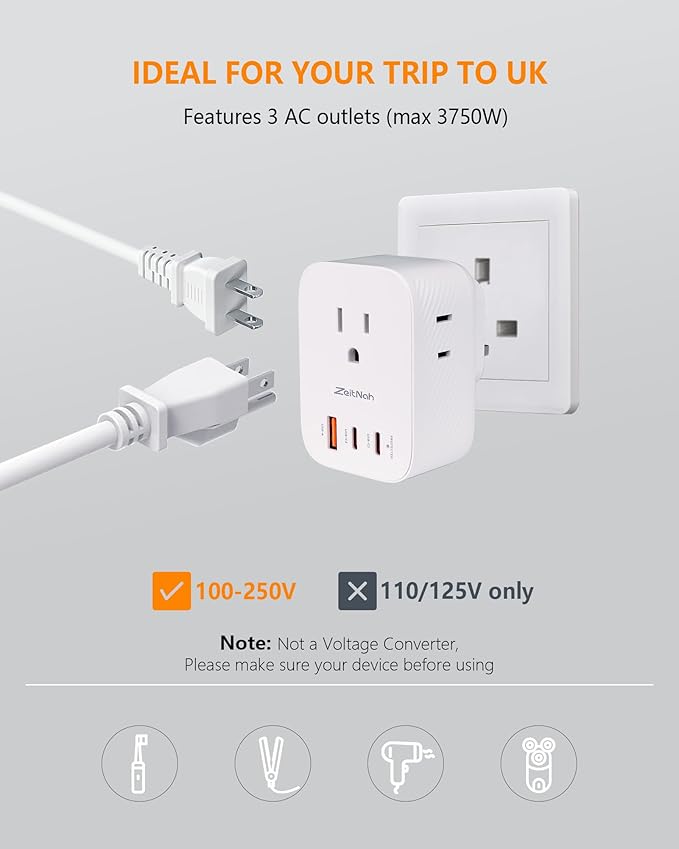 UK Travel Plug Adapter (2 Pack), Type G Plug Adapter with 30W GaN Fast Charger, 3 AC Outlets, 2 USB-C & 1 USB-A Ports, Surge Protection, Power Adapter for UK, Ireland, Singapore, Hong Kong & More