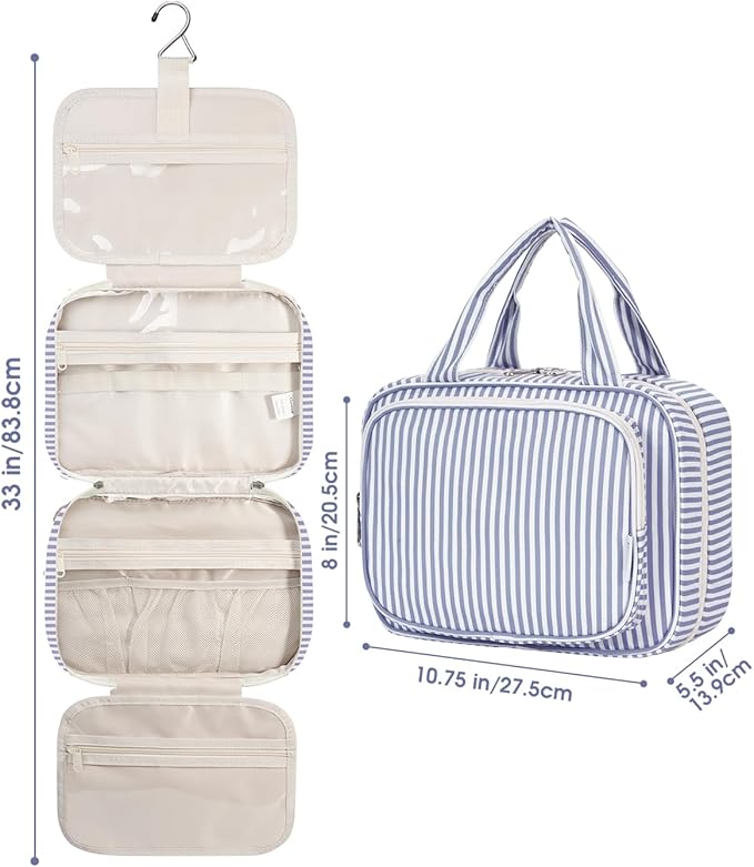 Narwey Striped Hanging Toiletry Bag for Women Travel Makeup Bag Organizer Toiletries Bag for Travel Size Essentials Accessories Cosmetics (Greyish Blue Stripe (Medium))