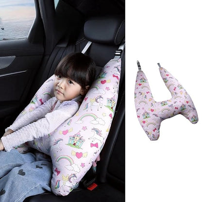 Travel Pillow Car Cushion for Kids 6 Years Old+ Shoulder Neck Back Support & Seat Belt Comfort, Road Trip Cozy Sleeping Gift for Young Travelers, Parents, Families, Baby Shower (Unicorn Pink)