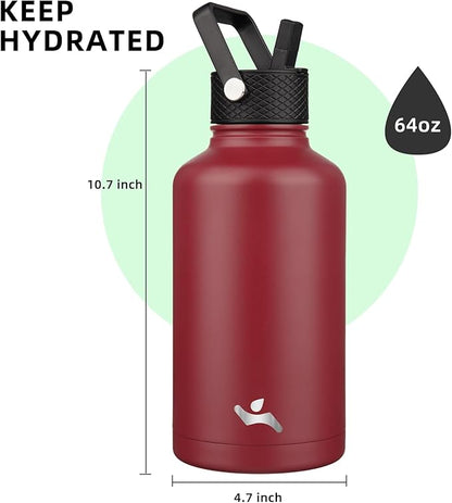 Half Gallon Insulated Water Bottle with Straw,64 oz 3 Lids Water Jug with Carrying Bag,Paracord Handle,Double Wall Vacuum Stainless Steel Metal Flask,Dark Red