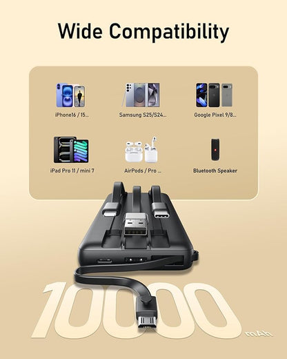 VEEKTOMX Portable Charger Built-in Cables,10000mAh Power Bank for iPhone,Fast Charge USB C Battery Pack Travel Essentials Powerbank Compatible with iPhone 17/16/15/14, Samsung S25/24, Android, etc