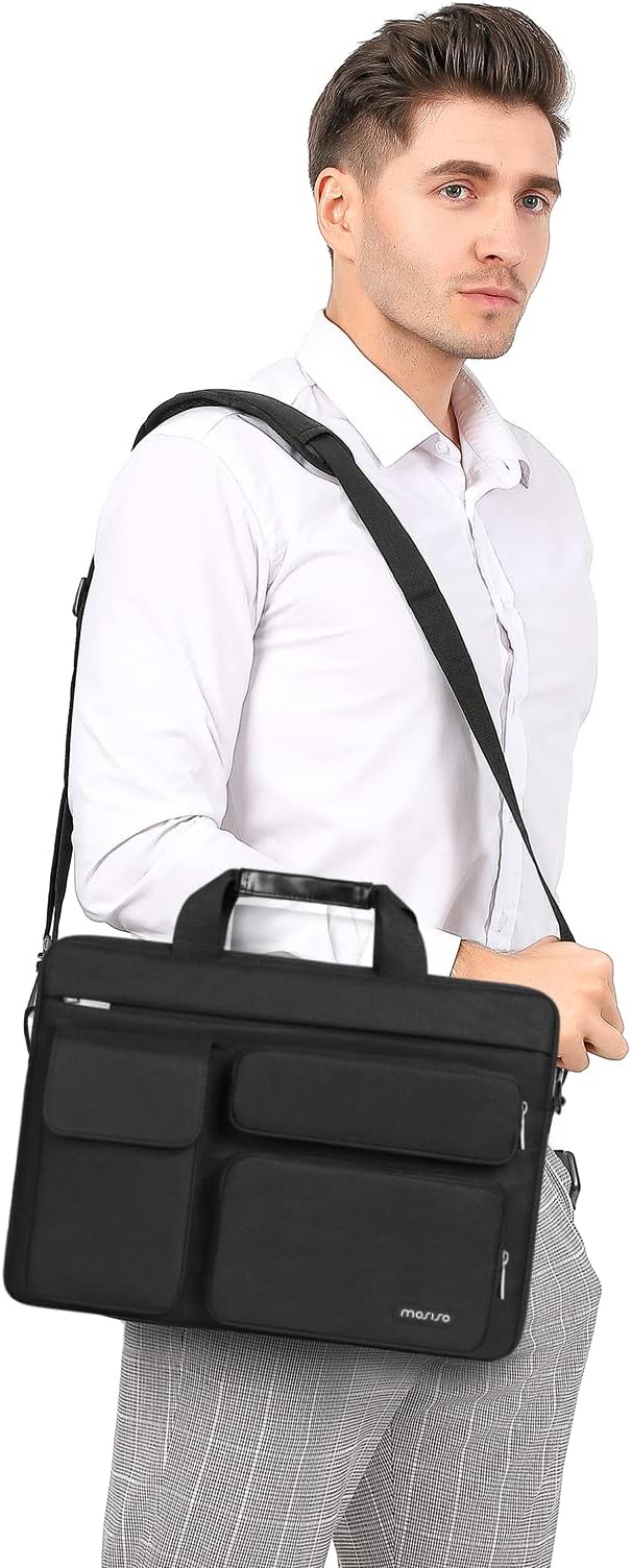 MOSISO Laptop Shoulder Bag 15.6 inch, 15-15.6 inch Computer Bag Compatible with MacBook Pro 16 inch, HP, Dell, Lenovo, Notebook with 2 Raised&1 Flapover&1 Horizontal Pocket&Handle&Belt, Black
