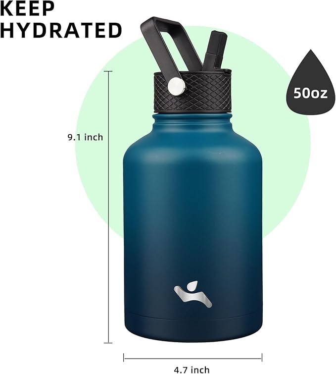 Insulated Water Bottle with Straw,50 oz 3 Lids Water Jug with Carrying Bag,Paracord Handle,Double Wall Vacuum Stainless Steel Metal Flask,Indigo Black