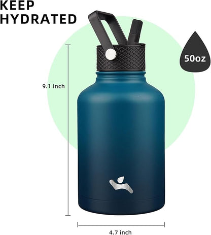Insulated Water Bottle with Straw,50 oz 3 Lids Water Jug with Carrying Bag,Paracord Handle,Double Wall Vacuum Stainless Steel Metal Flask,Indigo Black
