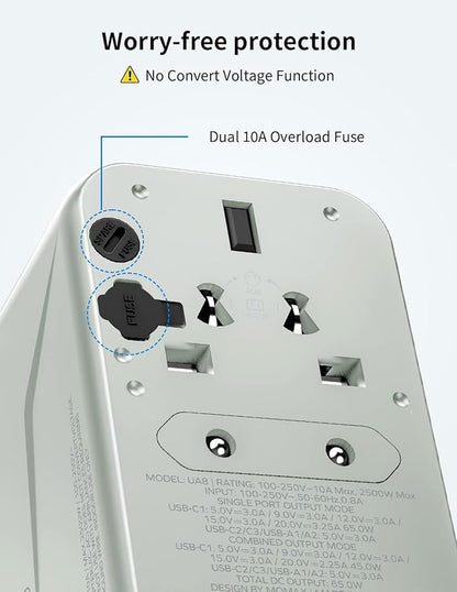 MOMAX 6-in-1 Universal Travel Adapter, GaN 70W International Power Adapter, 3 USB-C PD Fast Charging & 2 USB-A QC, 1 AC, All-in-One International Plug Adapter for Travel European UK AUS JP