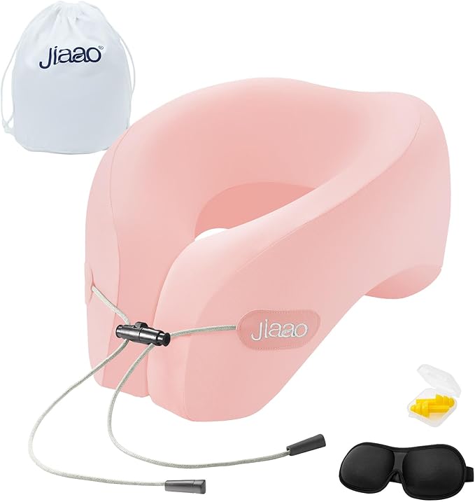 jiaao Neck Pillow Airplane, 2025 Upgraded Memory Foam Travel Pillow for International Flights, Adjustable Clasp, Storage Bag, Advanced Neck Support for Road Trips, Home, Office, and Gaming