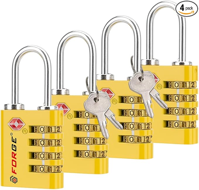 Forge Dual-Opening: Key or Combination Access Lock, TSA Approved Locks for Luggage, Pelican case, Travel, Gym, School, Stainless Steel Shackle.(Yellow, 4 Pk)