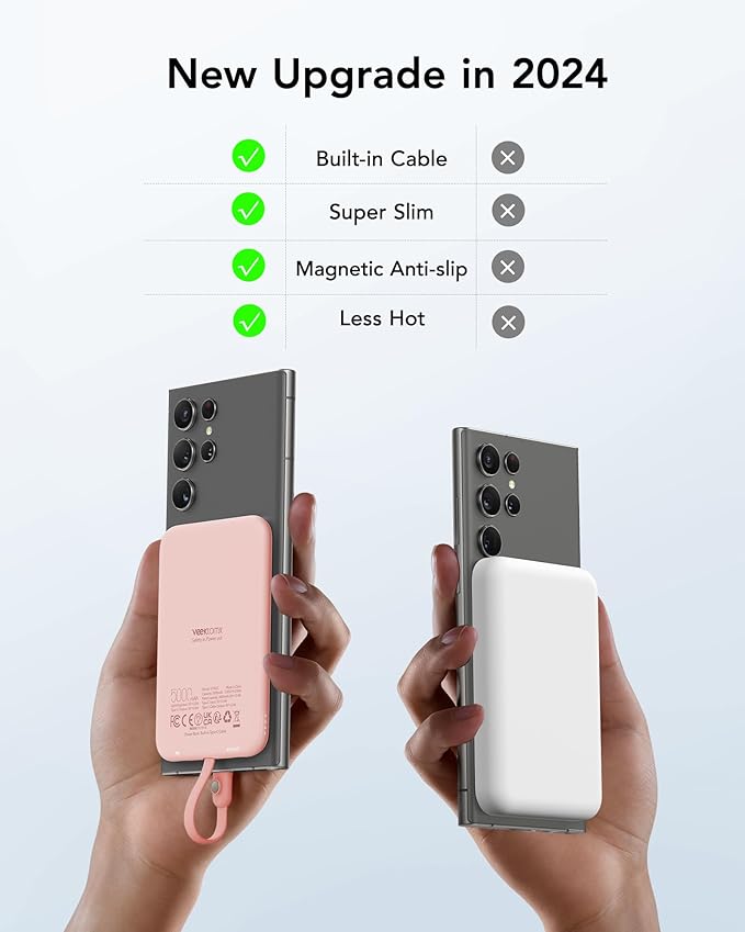 VEEKTOMX Slim Portable Charger, 5000mAh Lightweight Power Bank with Wired USB C Cable, Ultra Thin Battery Pack Compatible with iPhone 15/Plus/Pro/Pro Max/Samsung/Android(Non-Wireless Charging), Pink