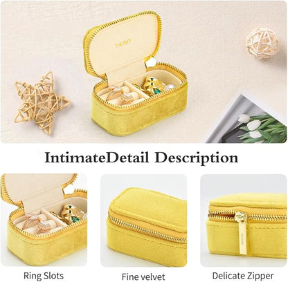 TAIMY Small Travel Jewelry Case, Mini Tiny Plush Velvet Jewelry Box for Women and Girls, Pocket Size Jewelry holder organizer for Rings Earrings and Small Items(Yellow)
